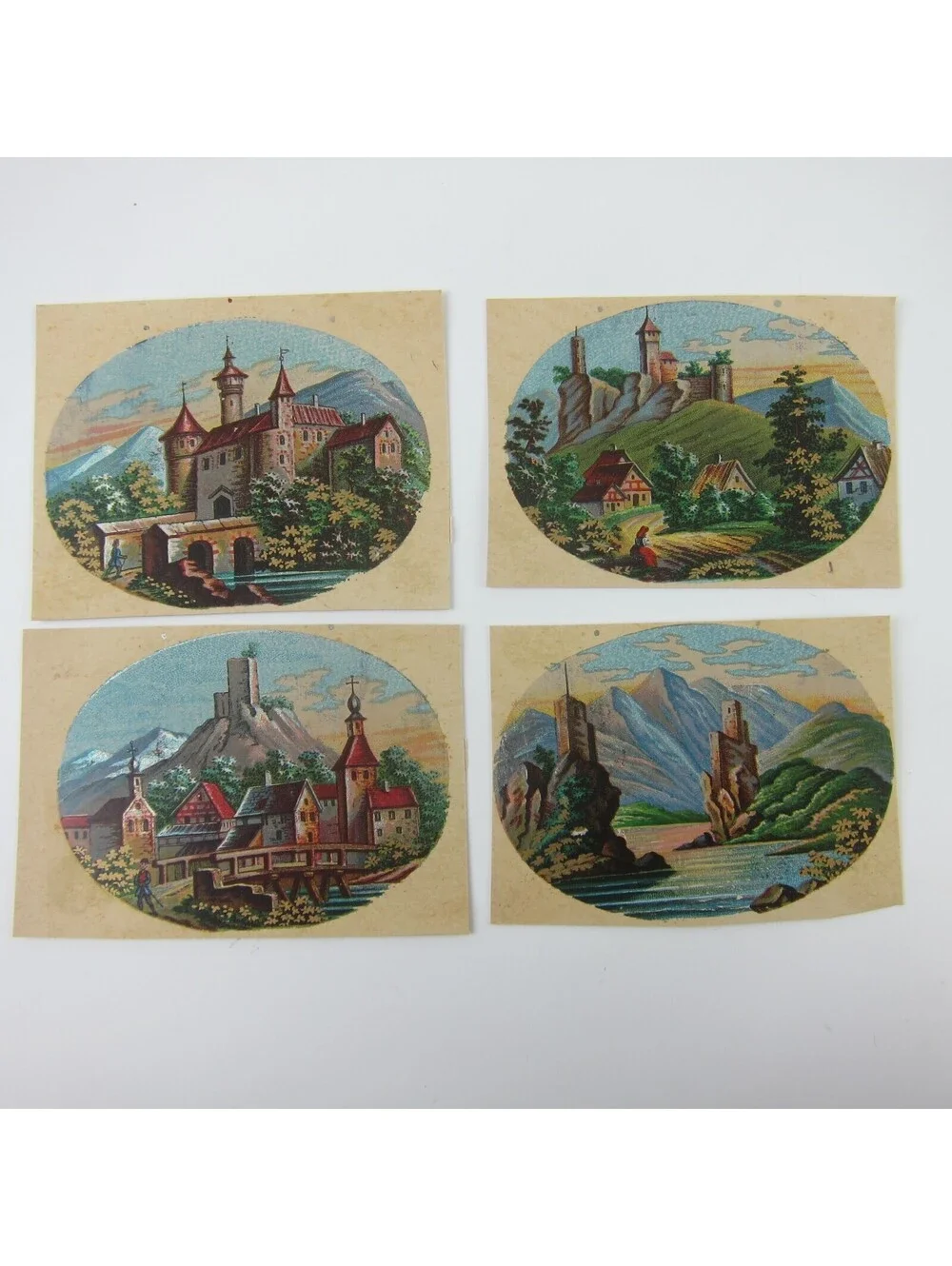 Antique Lithograph Print Samples Lot of 4 Castles Towns Villages Landscapes RARE